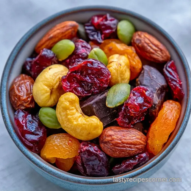 Golden toasted nuts and ruby red dried berries overflowing from a rustic wooden bowl on a textured linen cloth.
