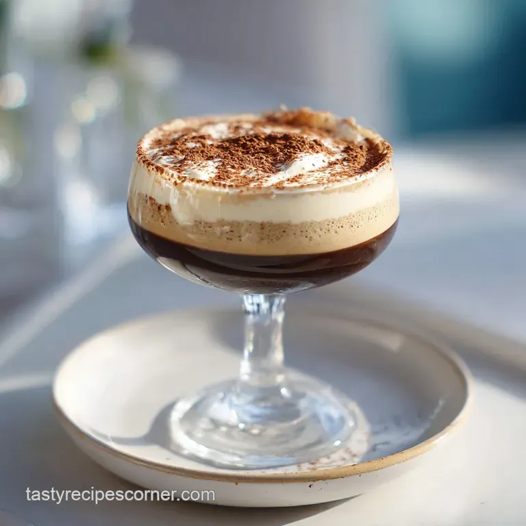Individual espresso martini mousse in a stemmed glass, swirled cocoa on top. A sophisticated and decadent presentation.
