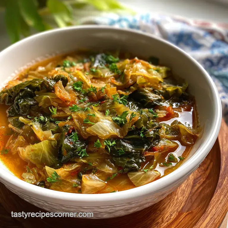 Steaming bowl of cabbage soup with herbs. Fresh parsley brightens the rustic, hearty vegetable broth. Comfort food!