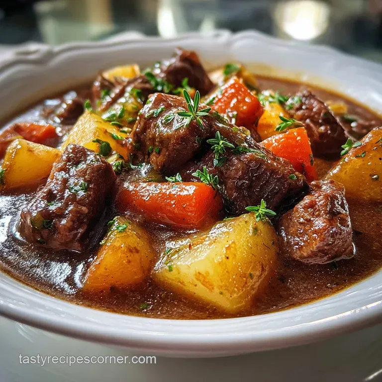 Elegant serving of beef stew in a white bowl, garnished with fresh parsley. Steaming broth and tender chunks of beef visible.