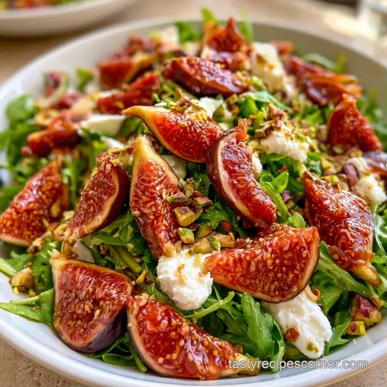 Elegant arrangement of sliced figs and crumbled goat cheese atop a bed of baby arugula on a white ceramic plate.