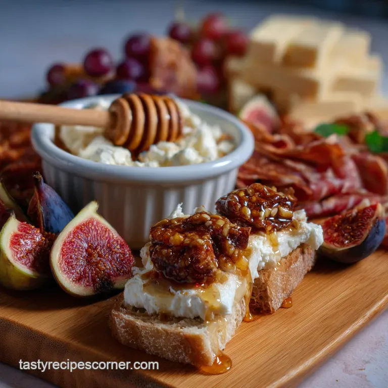 Elegant wooden board featuring artful arrangement of figs, prosciutto, brie, and olives. Textures vary from smooth cheese ...