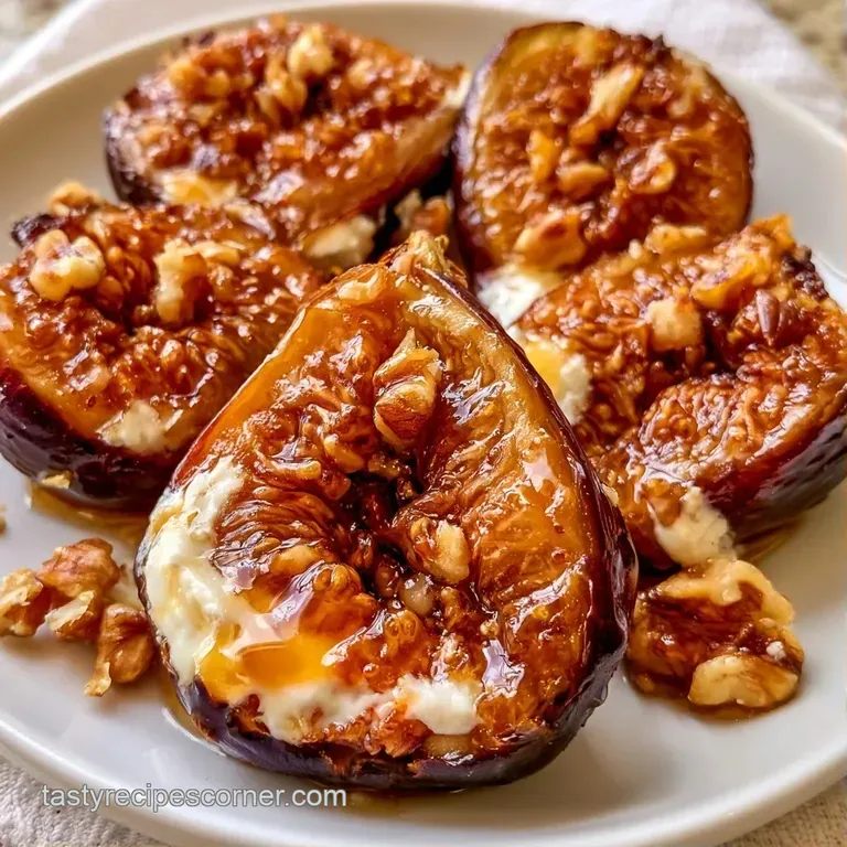 Platter of halved figs filled with white creamy cheese and amber honey, garnished with a sprig of fresh thyme.