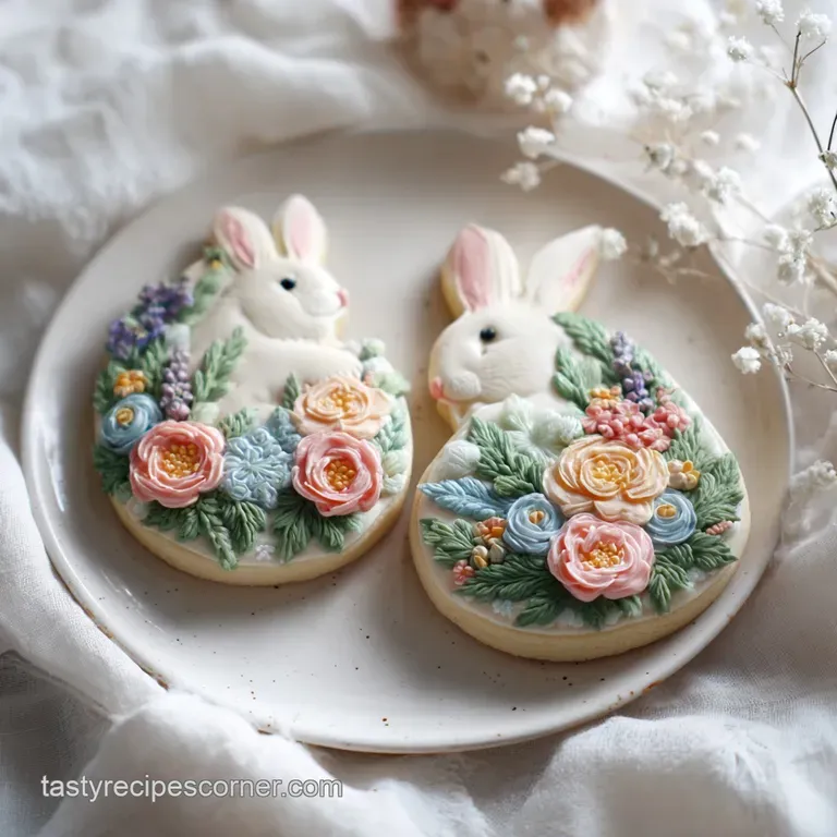 Artfully arranged pastel sugar cookies on a tiered stand, showing soft, frosted details and hand-piped floral accents, cre...