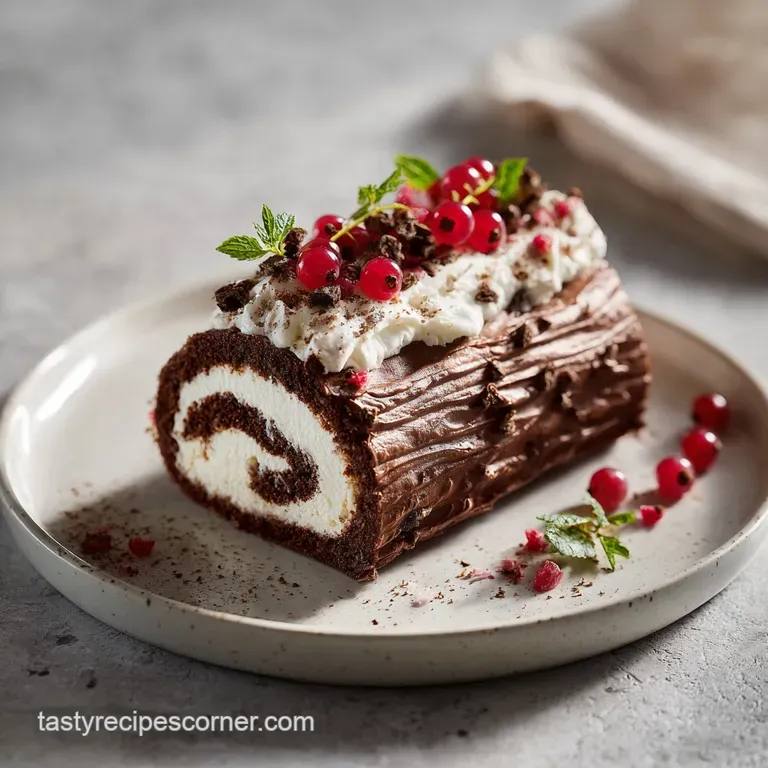 Slice of yule log cake on a plate, dusted with powdered sugar, alongside festive cranberries and a sprig of rosemary.