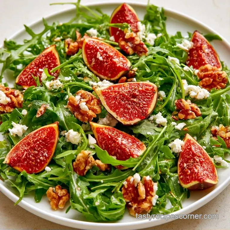 Vibrant green leaves topped with halved ripe figs, white cheese crumbles, and a drizzle of dark balsamic glaze.