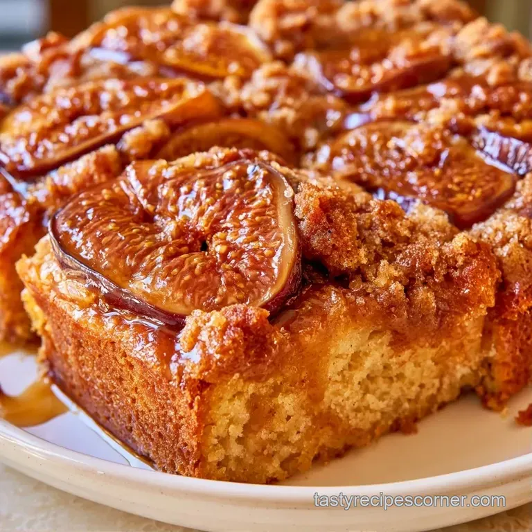 A slice of golden cake with a buttery crumble topping and fresh fig slices on a white plate next to a coffee cup.