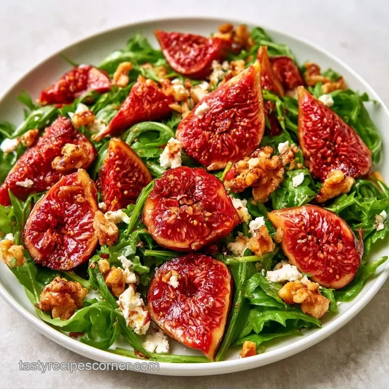 Sliced purple figs and white feta cubes nestled on vibrant greens in a shallow ceramic bowl with a honey drizzle.