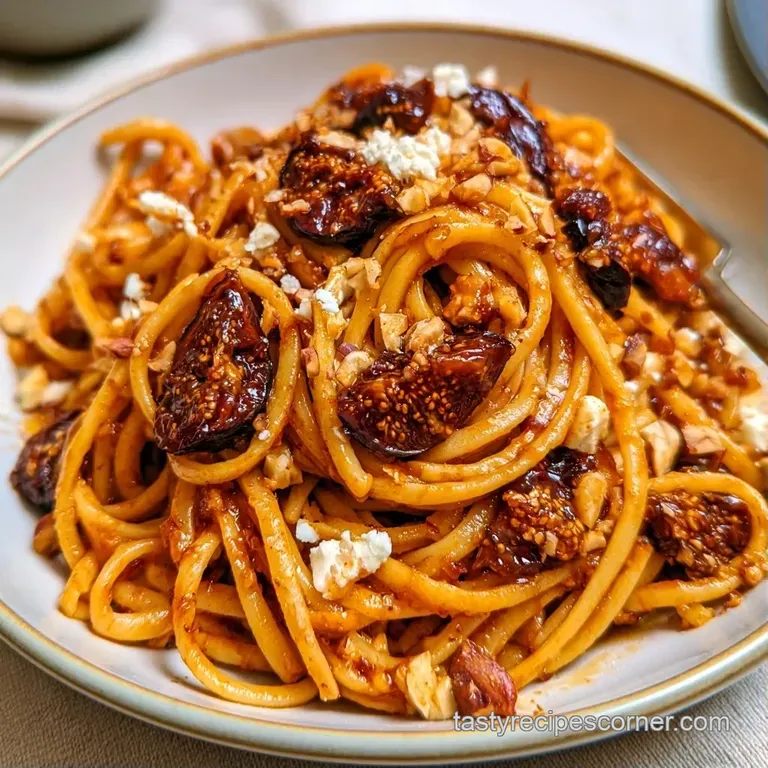 Elegant white plate of pasta topped with sliced purple figs, crumbles of creamy white cheese, and sprigs of green thyme.