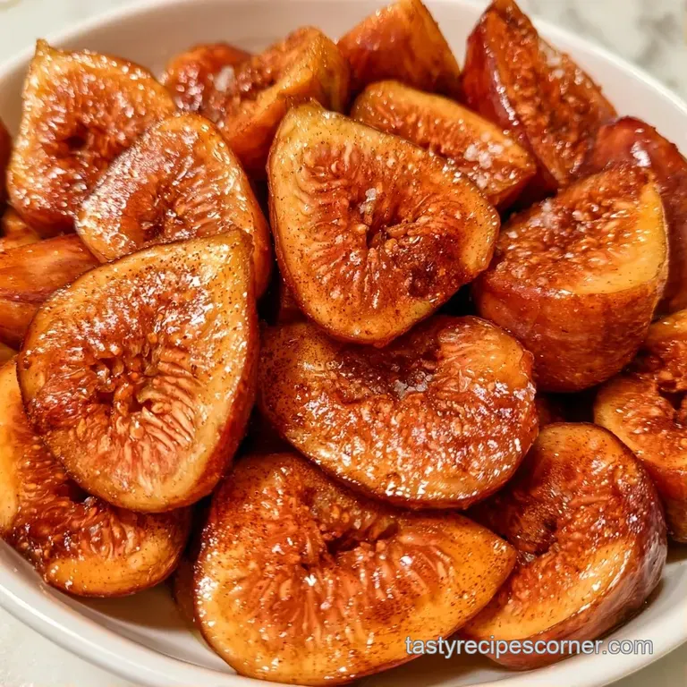 Halved purple figs arranged on a white ceramic plate, drizzled with amber honey and accented by tiny mint leaves.