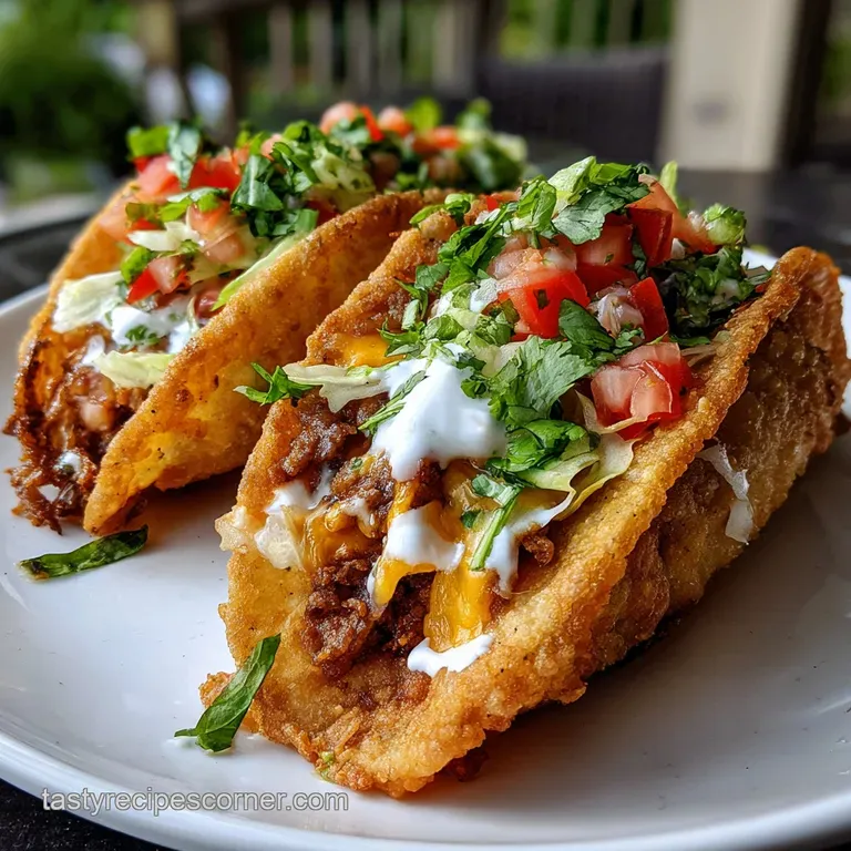 Crispy fried tacos arranged on a rustic plate, topped with creamy avocado slices and a sprinkle of fresh cilantro.