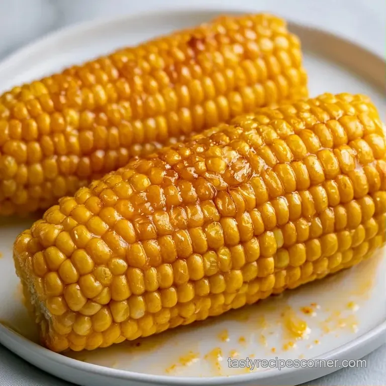 Six golden ears of corn arranged on a white ceramic platter, garnished with fresh parsley and bright lemon wedges.