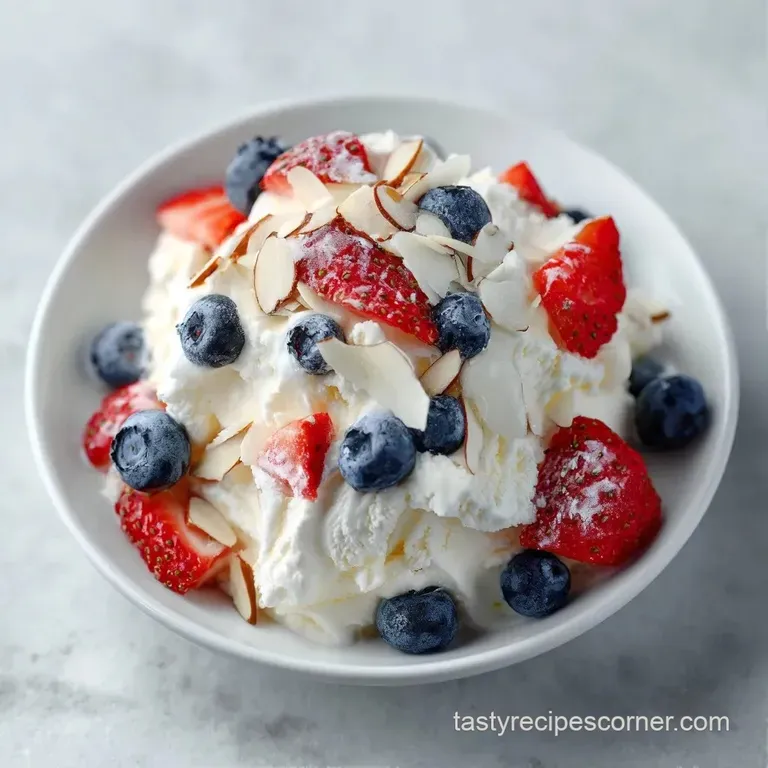 Chilled, creamy white shards studded with bright red and blue berries displayed on a minimalist marble tray.