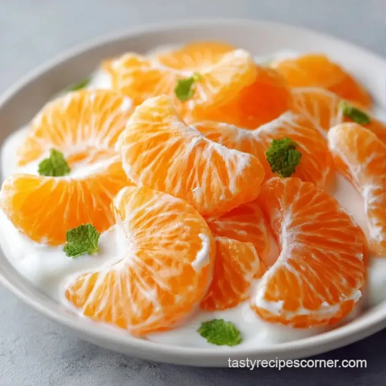 Chilled citrus wedges arranged in a glass bowl with swirls of thick yogurt and a sprig of fresh green mint.