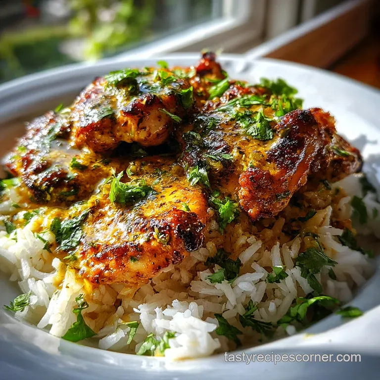 Perfectly plated garlic butter chicken, nestled on fluffy rice. Sprinkled parsley and a lemon wedge brighten the creamy sa...