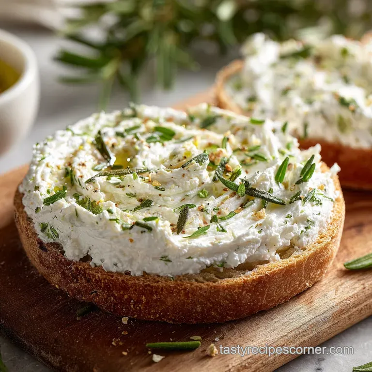 Elegant appetizer: smooth dip artfully dolloped on a platter, accented with sprigs of herbs and crispy toasted bread rounds.