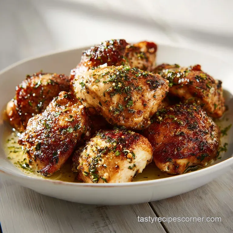 Golden-skinned chicken thigh artfully arranged with fluffy mashed potatoes and bright green asparagus spears.