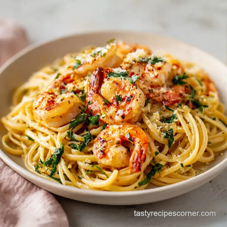 A swirl of al dente pasta topped with bright pink shrimp, artfully arranged with a lemon wedge garnish.