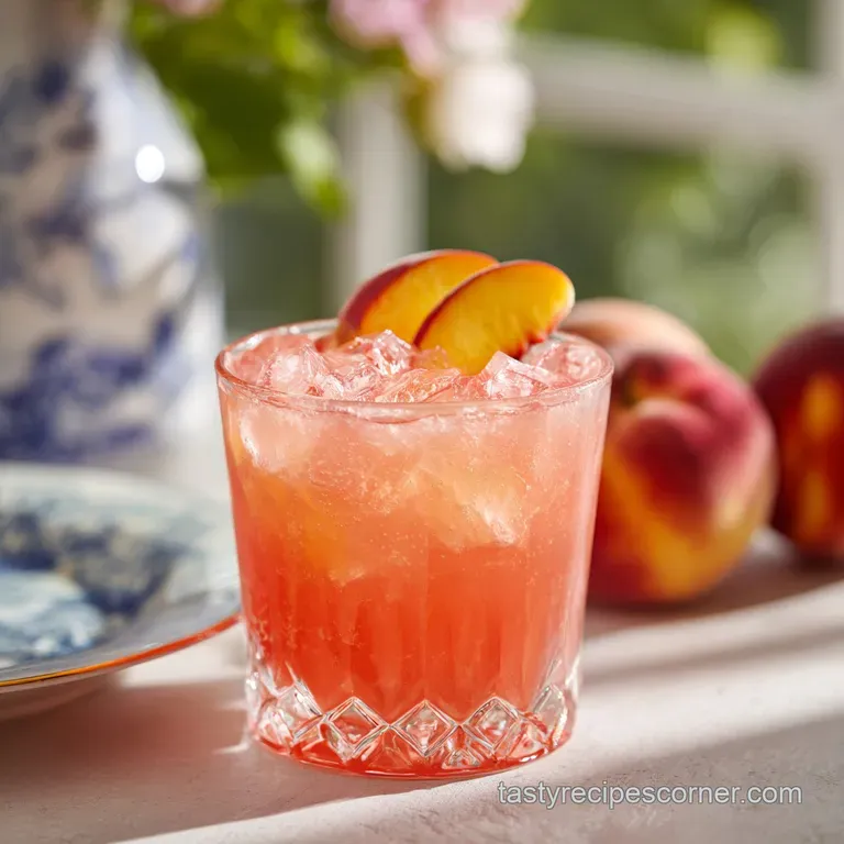 Elegant peach cocktail in a stemmed glass, condensation clinging to the side, garnished with a fresh peach wedge and mint.
