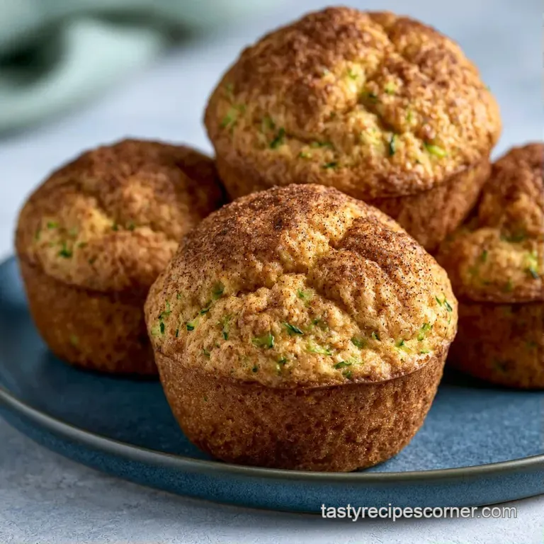 Fluffy, golden-brown muffins with green zucchini bits elegantly stacked on a clean white ceramic platter.