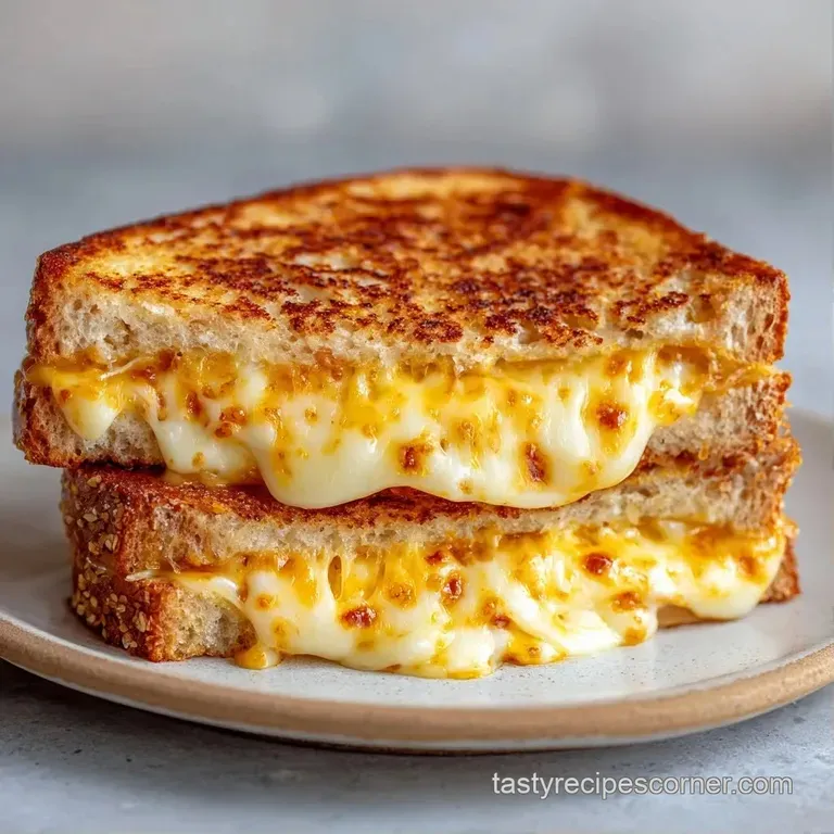 Two halves of a toasted sandwich on a ceramic plate, showing a thick layer of molten cheese and a crispy crust.