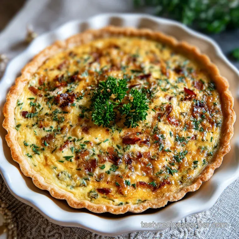 Slice of warm quiche with a golden crust, steam rising. Lightly dressed greens alongside create an elegant plating.