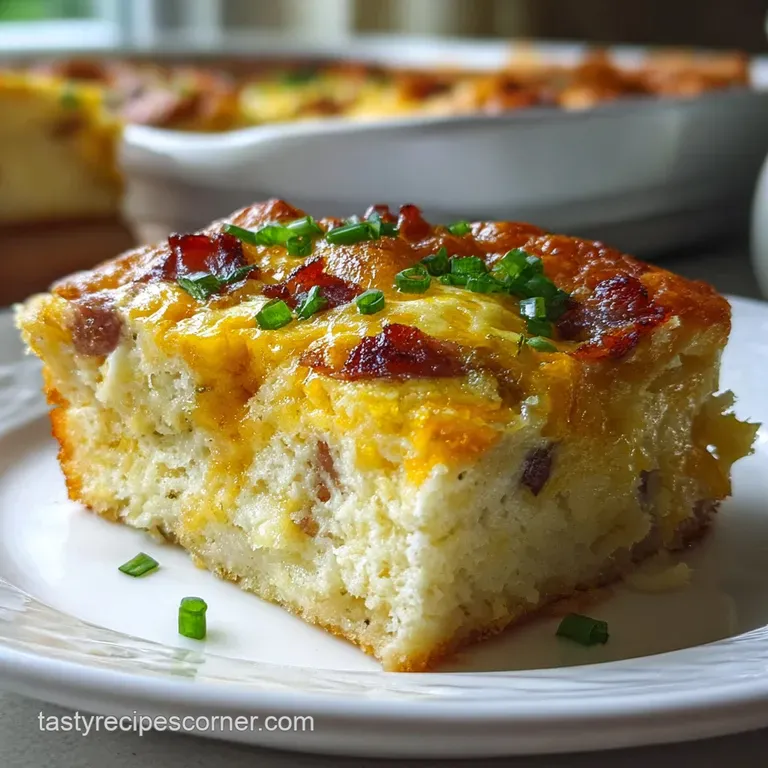 Slice of breakfast casserole on a white plate, steam rising. Sausage and melted cheese ooze from the biscuit layers. Fresh...