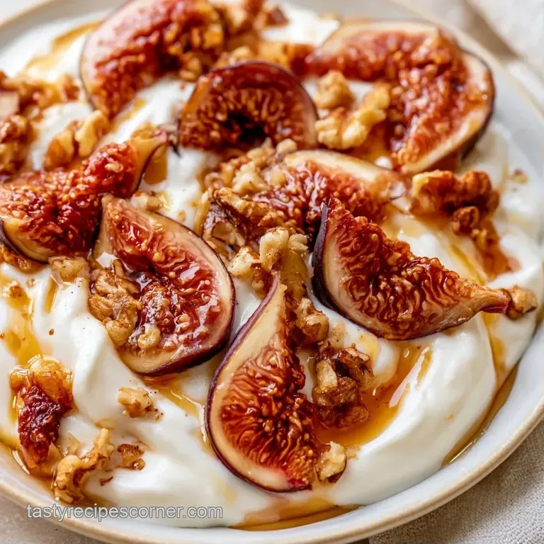 A tall glass showcasing alternating layers of thick white yogurt, sliced fresh figs, and crunchy toasted granola.