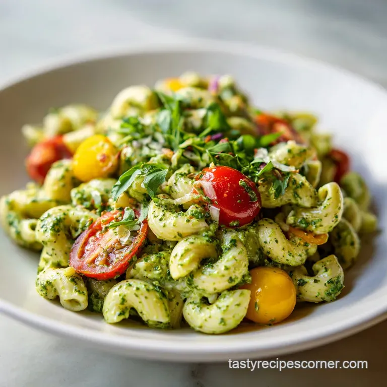 A beautifully arranged serving of green goddess pasta salad, showcasing tender pasta, bright herbs, and a smooth, inviting...