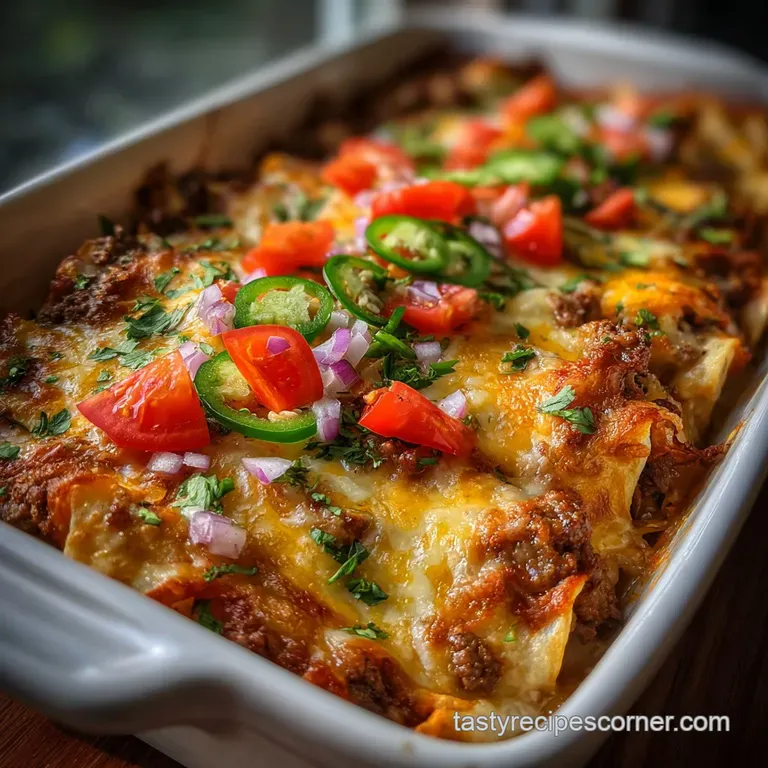A generous slice of enchilada casserole, showing layers of beef and tortillas, topped with melted cheese and fresh cilantro.
