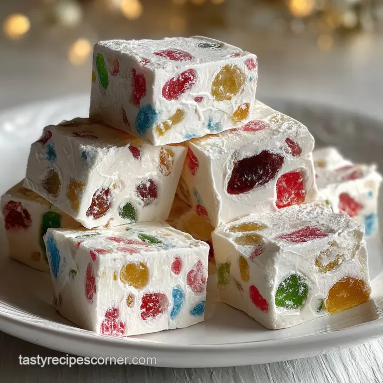 Neatly arranged nougat candy squares on a vintage plate. Multicolored gumdrops peek from the white nougat. Hints of festiv...