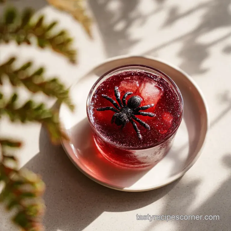 A spooky Halloween mocktail in a goblet with a sugared rim, garnished with gummy worms, and a candy eyeball on a black tab...