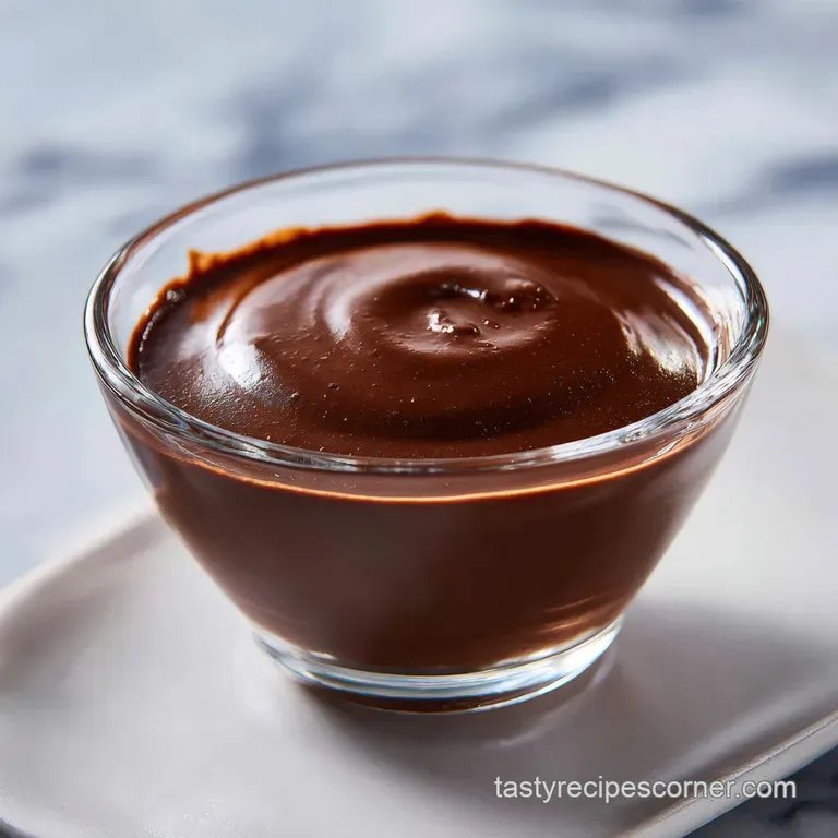 Smooth dark brown pudding in a glass dessert cup with a silver spoon and fresh berries on a white plate.
