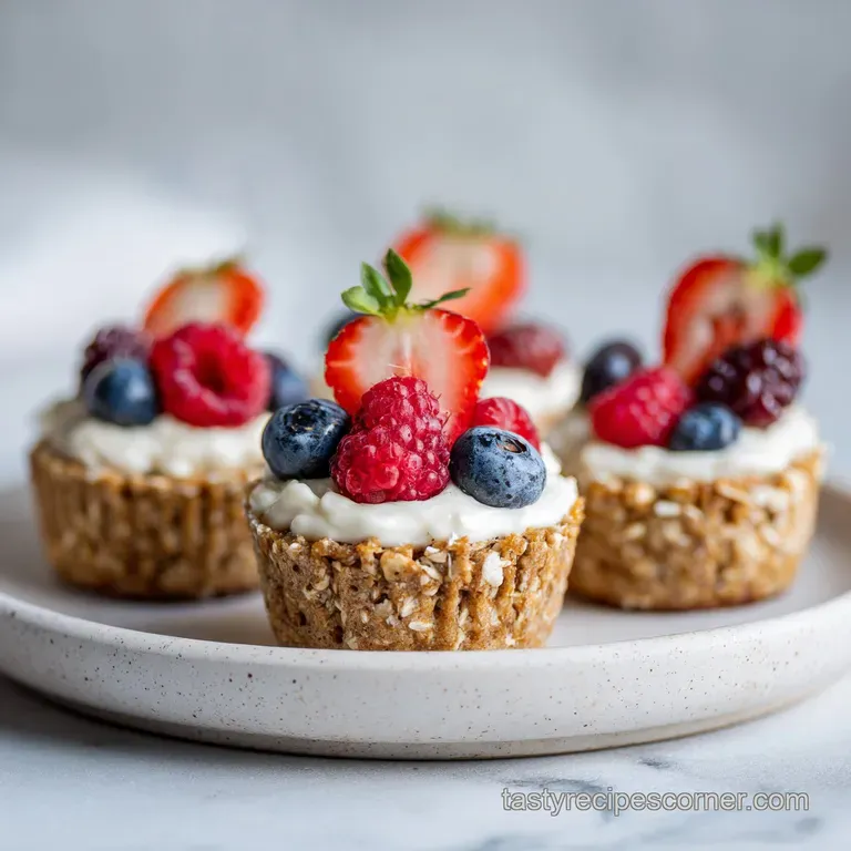 Three perfectly formed oatmeal cupcakes arranged elegantly on a rustic wooden board with a side of fresh fruit.