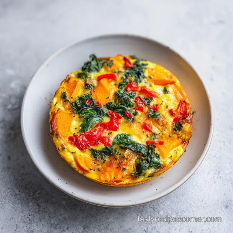 A square slice of orange sweet potato breakfast bake on a white plate with a drizzle of creamy white sauce.