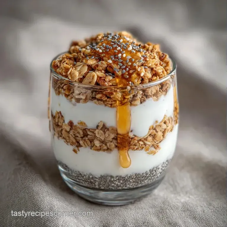 Clear glass cup showing distinct layers of snowy yogurt, toasted oats, and juicy blueberries on a white marble table.