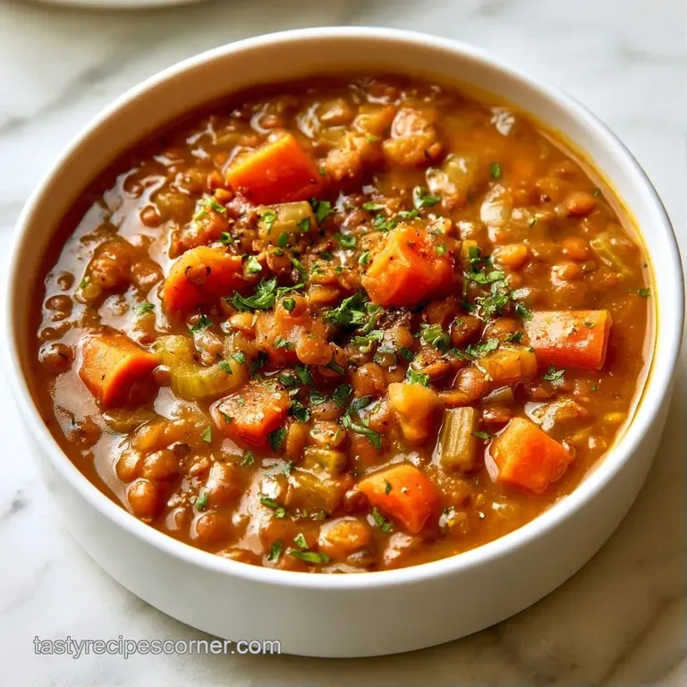 Thick earthy brown stew in a white bowl, garnished with fresh parsley and served with crusty sourdough bread.