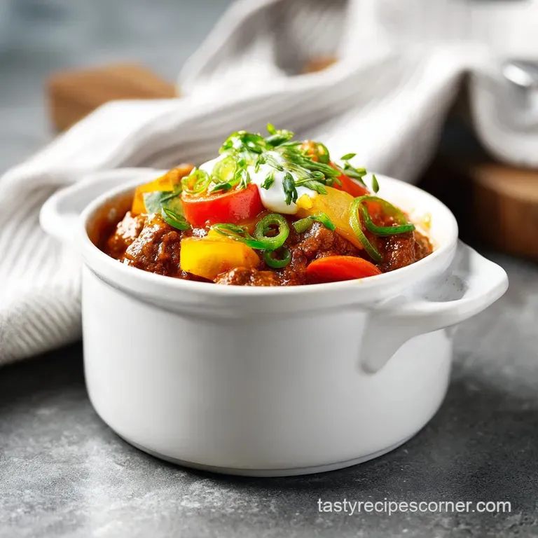 A comforting mound of thick, savory goulash topped with a dollop of sour cream and fresh parsley.