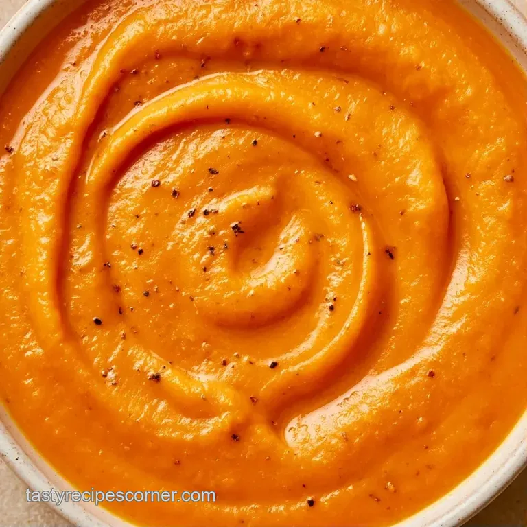 Vibrant orange puree in a white ceramic bowl paired with a toasted slice of crusty, golden-brown sourdough bread.