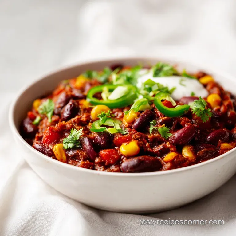 A steaming bowl of hearty lentil chili, topped with a dollop of cooling plant-based sour cream and chopped chives.