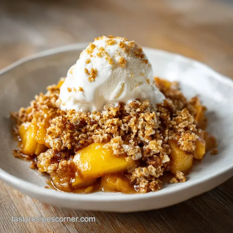 Individual ramekin of apple crisp with a scoop of vanilla ice cream melting on top. Cinnamon dusting adds a rustic touch.