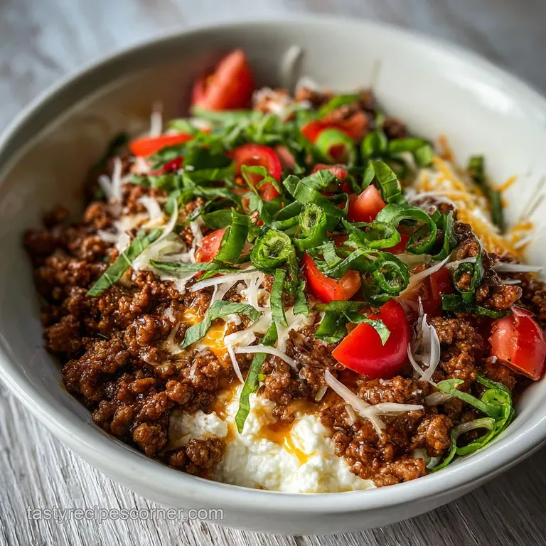 Elegant plate featuring a mound of steaming ground meat & cottage cheese, garnished with fresh herbs and a drizzle of oliv...