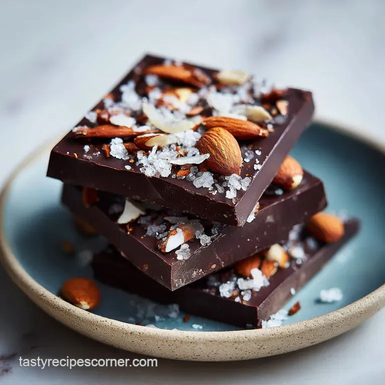 Stacked squares of dark chocolate on a white marble platter, garnished with a dusting of flaky sea salt crystals.