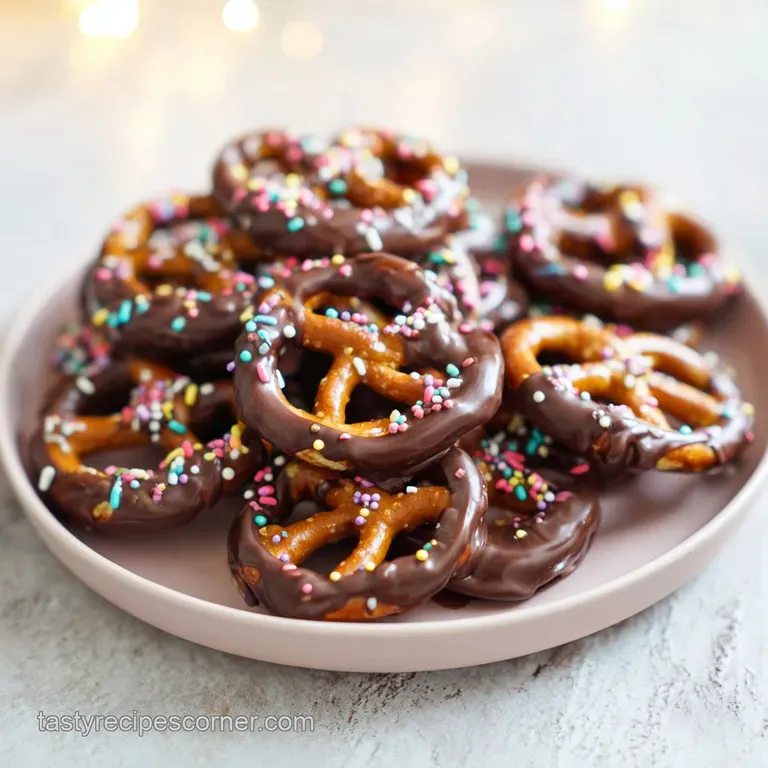 A few chocolate-dipped pretzel rods stand tall on a white plate, hinting at a delightful crunch.