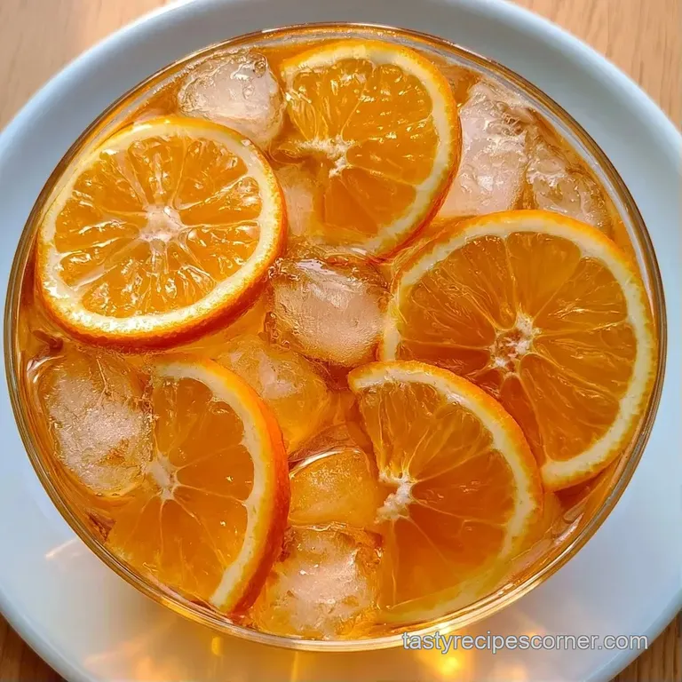 Two tall flutes of sparkling gold liquid topped with fresh mint leaves and orange wheels on a white marble surface.
