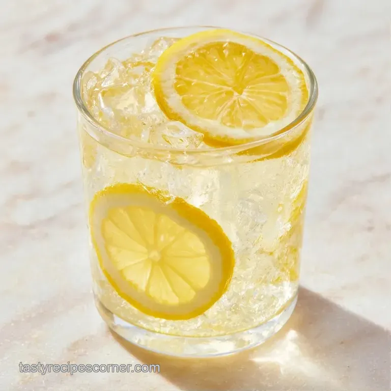 A tall frosted glass of glowing yellow liquid beside a fresh lime slice on a clean white marble surface.
