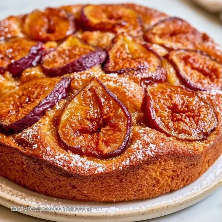 A neat cake wedge on a white ceramic plate, drizzled with honey and topped with a fresh fig slice and mint leaf.