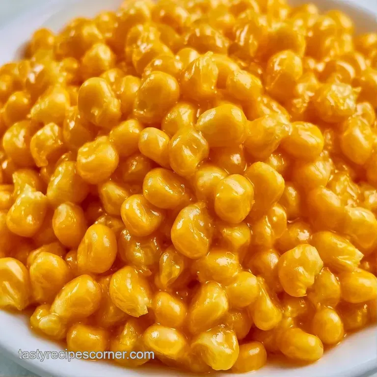 Plump yellow corn kernels in a white ceramic bowl, topped with melting butter and a sprig of fresh green herbs.