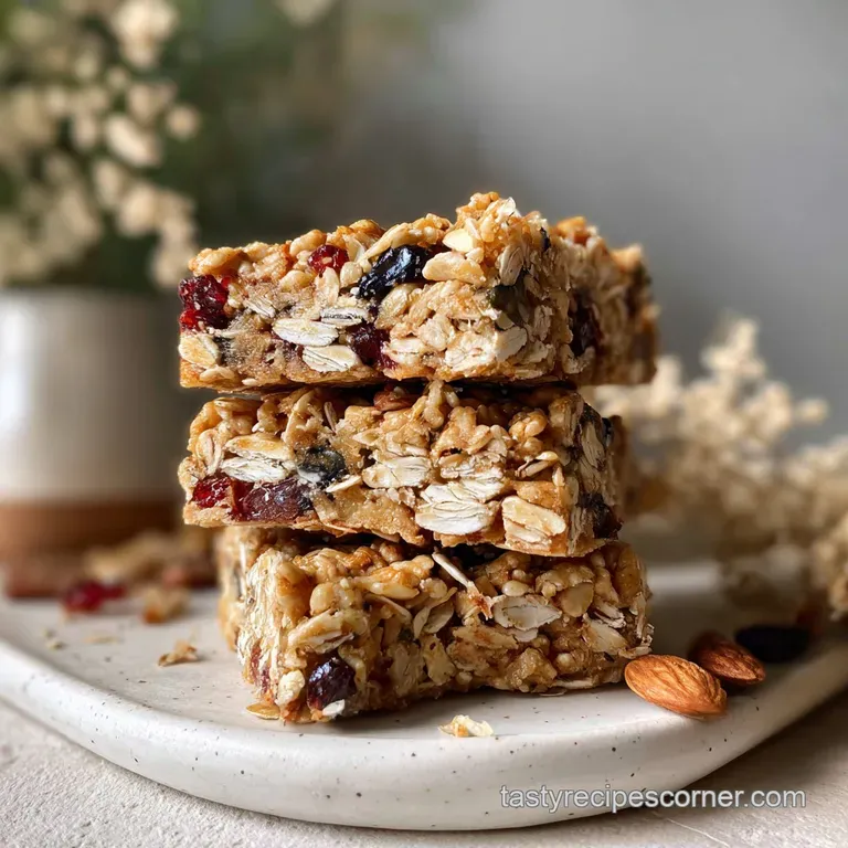 Granola bar pieces stacked artfully, showcasing crunchy texture and scattered nuts against a blurred, inviting background.