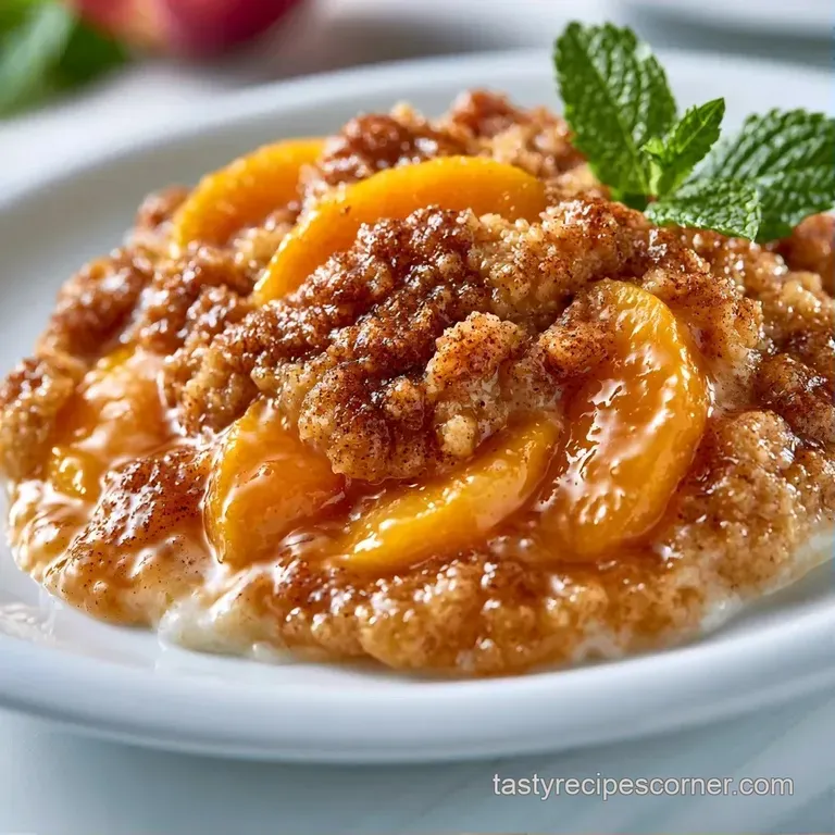 A scoop of melting vanilla ice cream atop a warm fruit crisp, served in a white ceramic bowl with a fresh mint leaf.